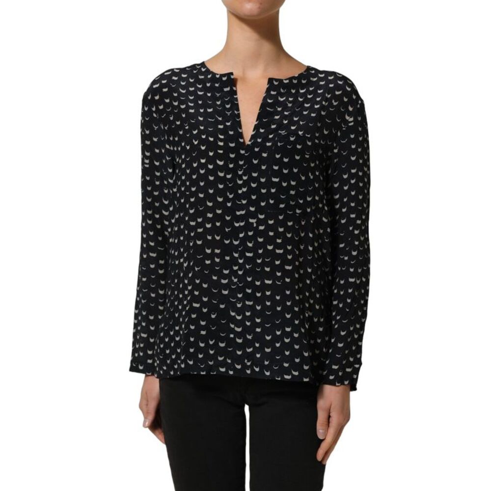 Bruno Manetti Black SIlk Long Sleeves Deep V-neck Blouse Women's Top